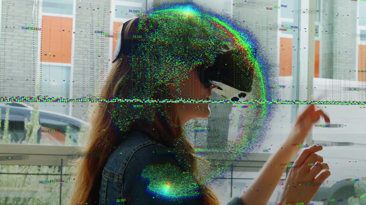 Particle field appearing near woman wearing VR headset by window hand shaping holo sphere for VR