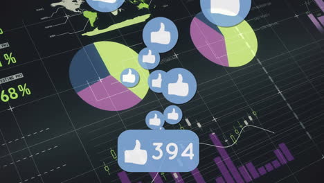 animation of social media like icons and rising numbers, over data processing on graphs and charts