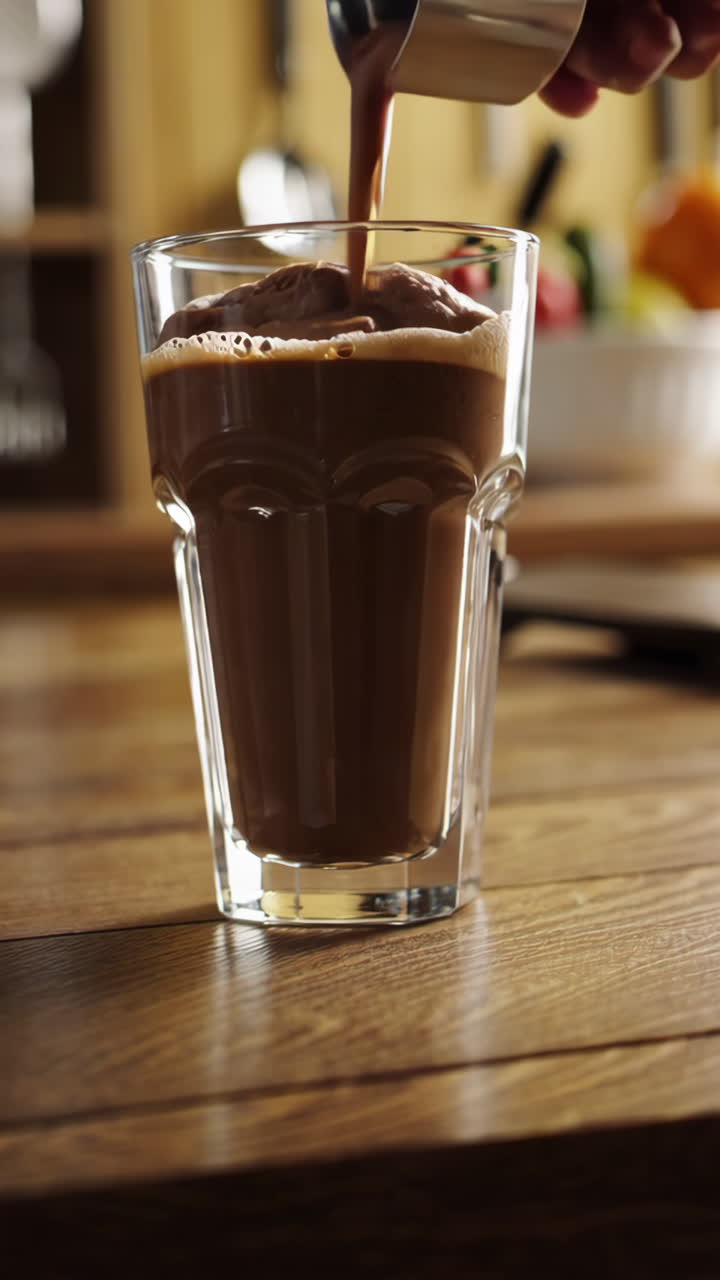 Versare una bevanda al cioccolato in un bicchiere