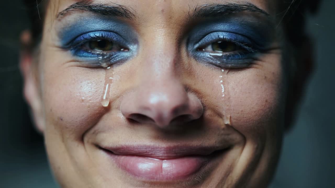 Smiling woman letting tear beads slip down cheeks in studio with blue eyeshadow showing emotion
