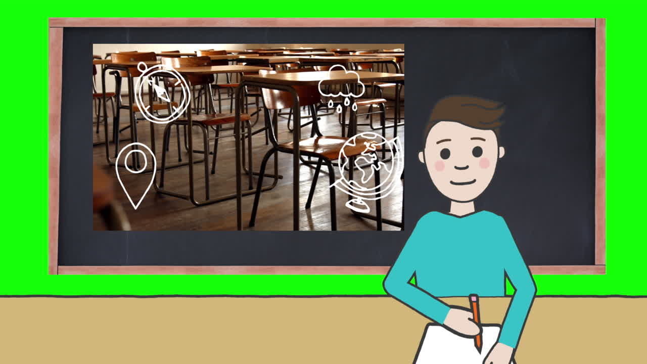 교육 아이콘과 교실에 대한 백인 학생의 일러스트레이션 애니메이션
