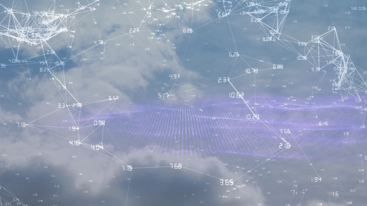 Animation of network of connections with coordinates over clouds