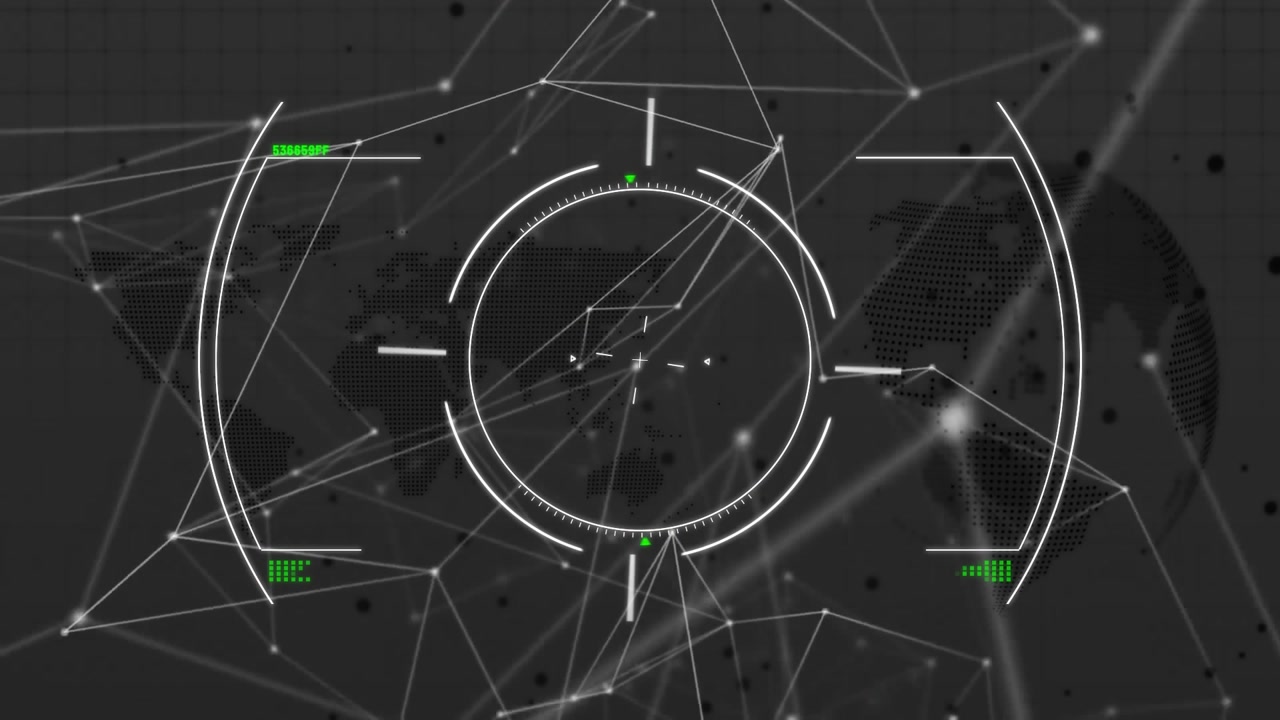HUD fading in, pulsing semicircle, drifting map mesh and flickering glitches showing market trends