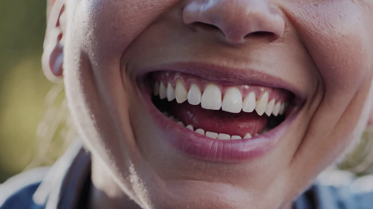 Vídeo em close-up de um rosto sorrindo, capturando uma expressão alegre. Filmado de um ângulo frontal.