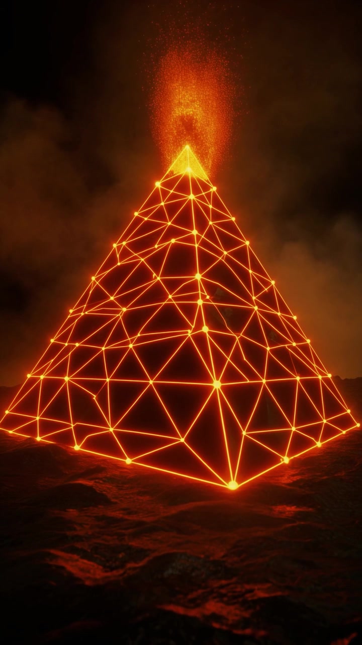 Zářící geometrická pyramida chrlící jiskry v temné krajině