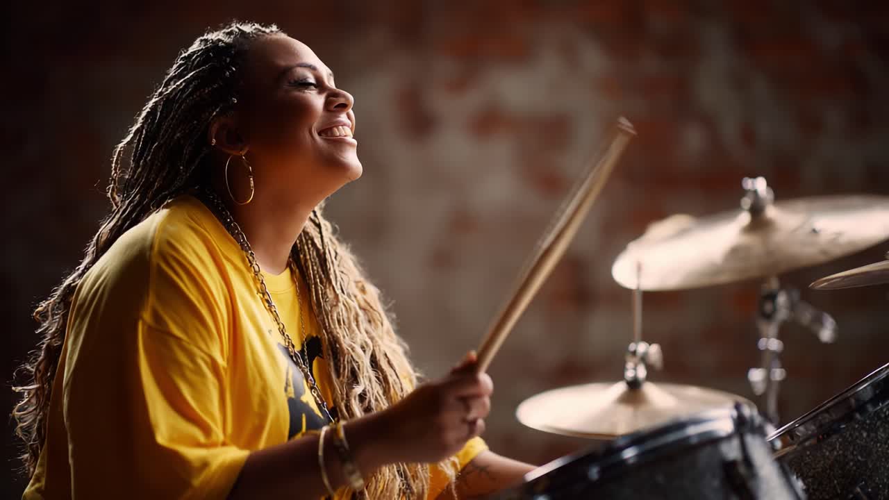 Dynamic Female Drummer Energetically Playing in a Studio Setting, Showcasing Passion and Expression Through Music, Highlighting Joy and Rhythm in Every Beat