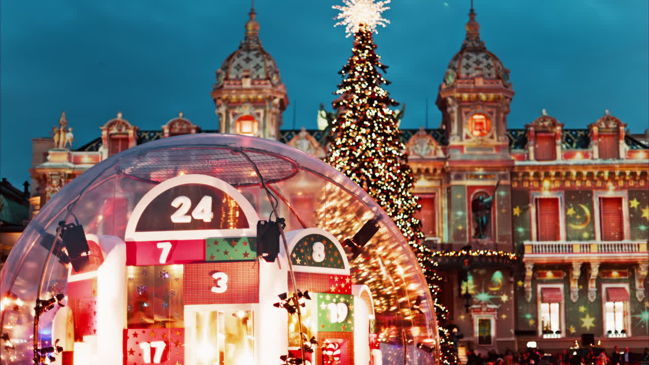 Monte Carlo, Monaco - December 14, 2024: Big Christmas advent calendar decorations in bubbles in the courtyard of the Monte Carlo Casino