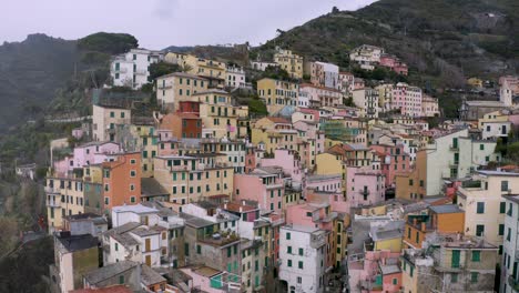 Aerial-view-of-Riomaggiore,-Cinque-Terre,-during-a-rainy-day