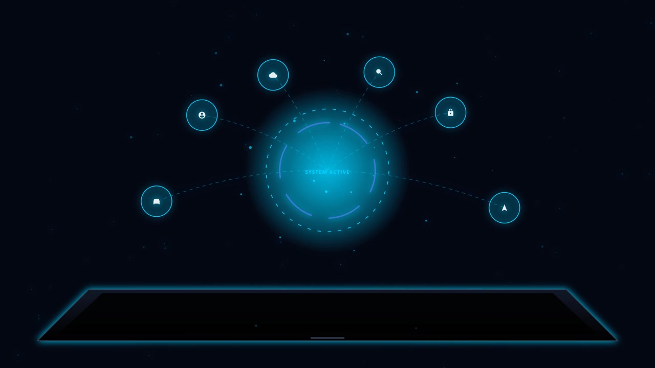 Digital Interface with Glowing Icons and System Active Text