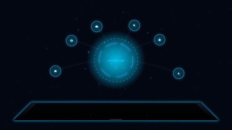Digital Interface with Glowing Icons and System Active Text