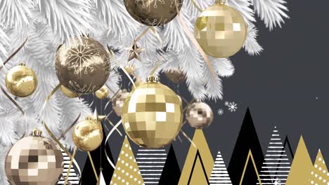 animation of snow falling over christmas decoration with baubles