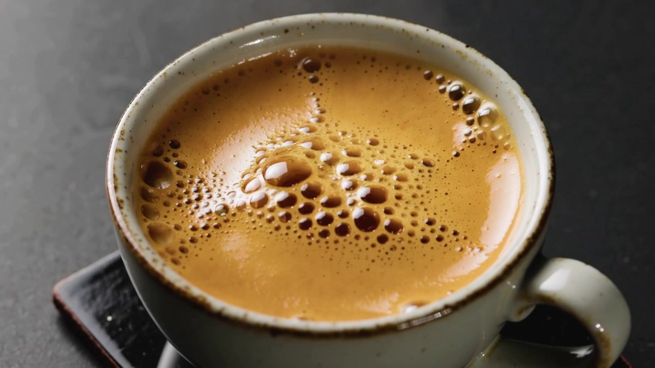 Bolle che si espandono sulla crema che si muovono su tazza e piattino maculati su un tavolo scuro, espresso che si raffredda