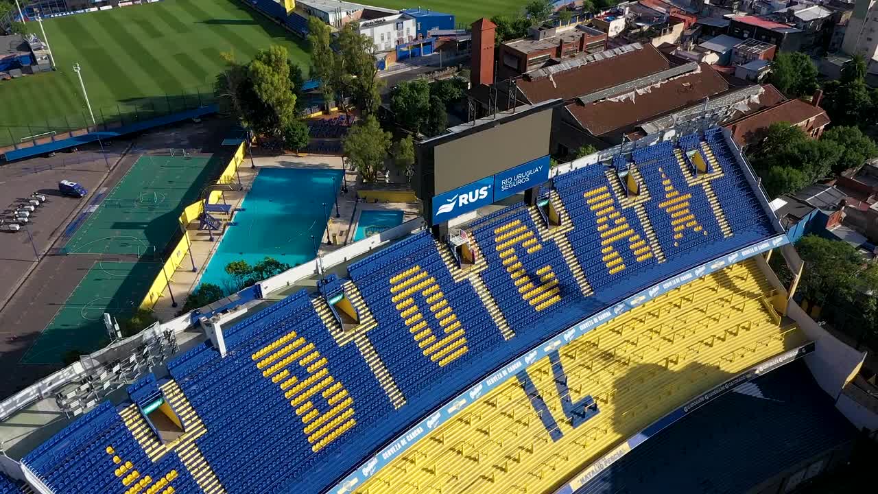 Drone Flight Over Blue And Yellow Seats Of Boca Juniors Stadium, Also Known As La Bombonera, In Buenos Aires, Argentina. aerial