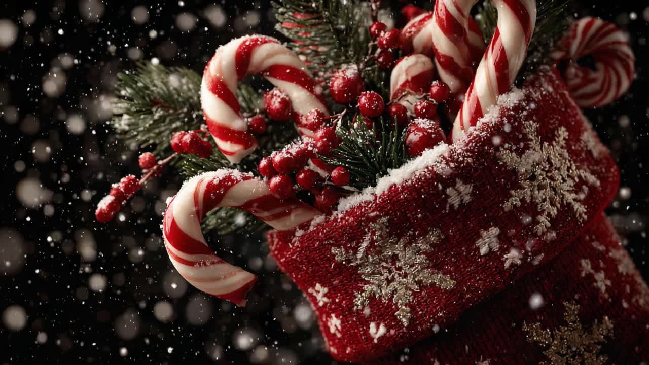 A Festive Christmas Stocking Overflowing with Candy Canes, Berries, and Evergreen Branches, Set Against a Delicate Snowy Background, Capturing the Holiday Spirit