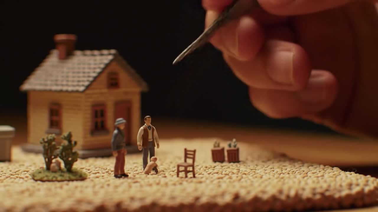A person carefully uses tweezers to arrange tiny figures next to a small house, bringing a miniature scene to life. The setting showcases a handcrafted environment full of detail and creativity.