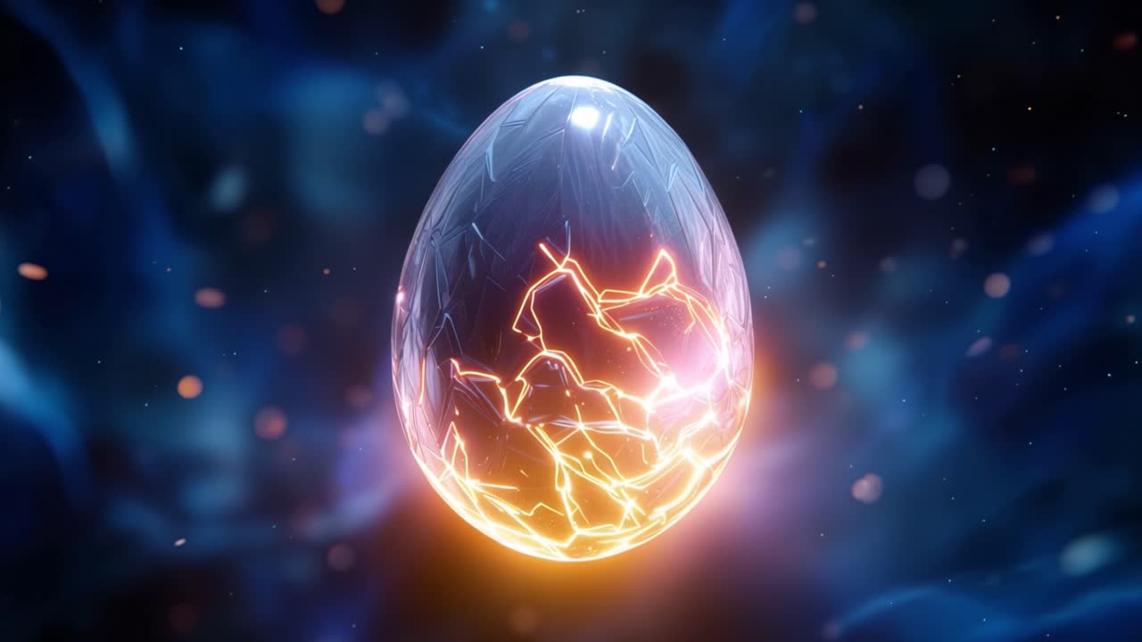Ein kosmisches Ei pulsiert mit feuriger Energie vor einem Sternenhintergrund. Energie knistert im Ei, orange glühend vor der tiefblauen Leere. Diese dramatische Himmelsszene deutet auf neues Leben oder ein kosmisches Ereignis hin.