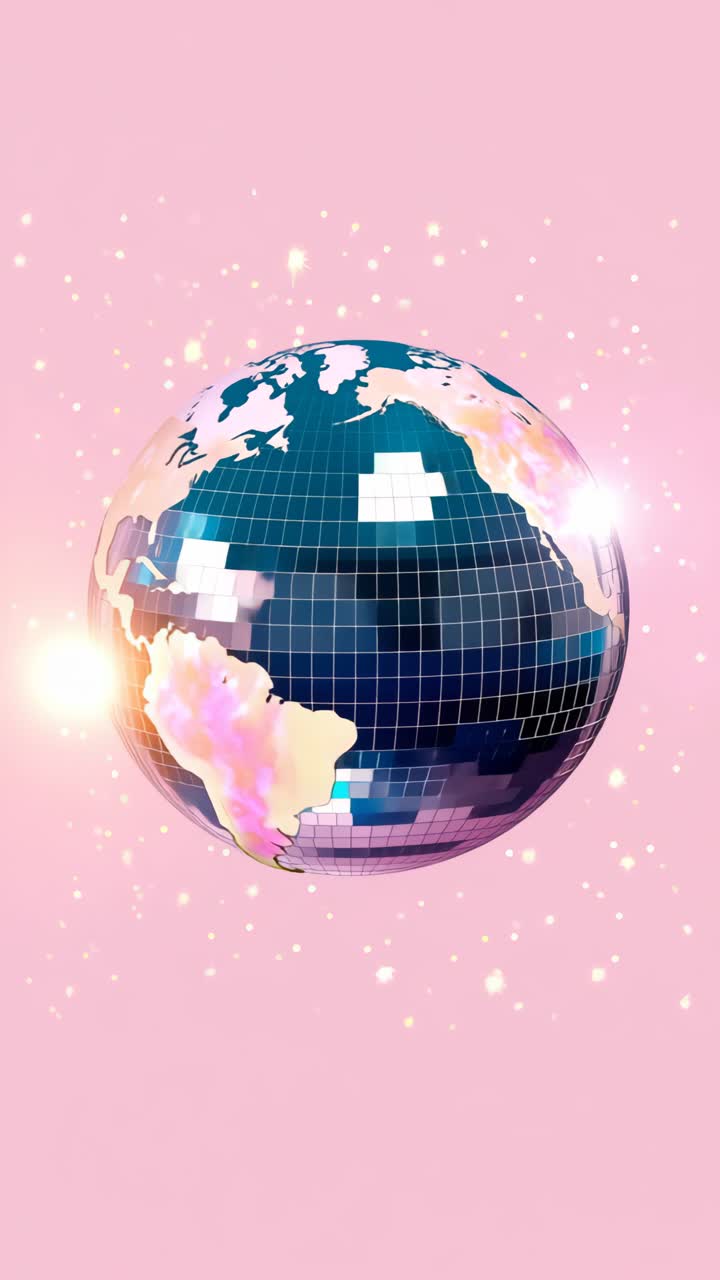 A vibrant, low-angle video concept of a disco ball Earth against a pink backdrop