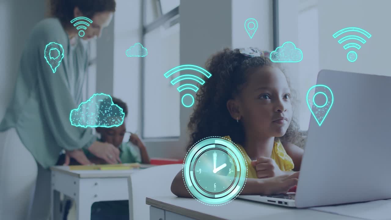 Animation of internet icons over happy biracial schoolgirl using laptop in diverse