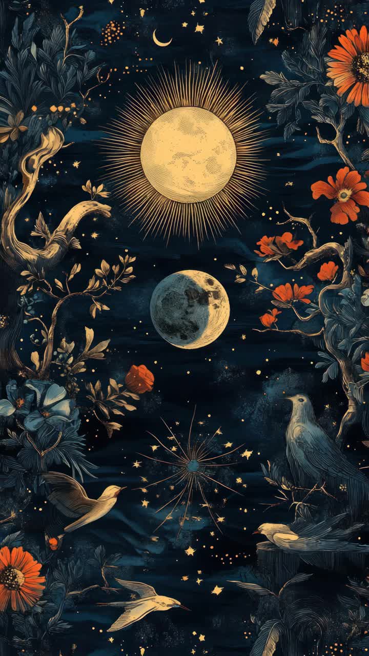 A mystical, celestial-themed video backdrop with a top-down angle, featuring the sun, moon