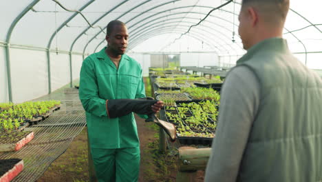 farmer, teamwork and handshake for greenhouse