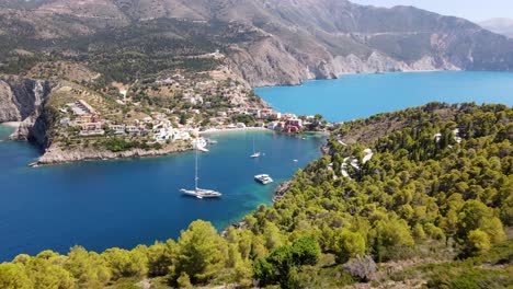 big sailing yacht in the bay of asos, greece, aerial forward, beautiful nature