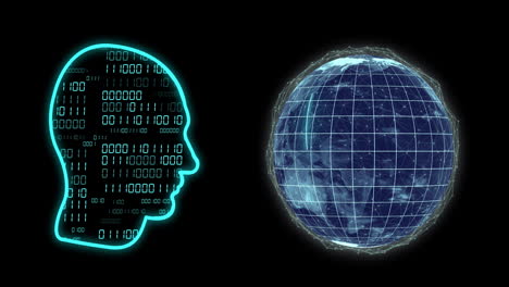 Animación-De-Cabeza,-Codificación-Binaria-Y-Procesamiento-De-Datos-Sobre-Fondo-Oscuro