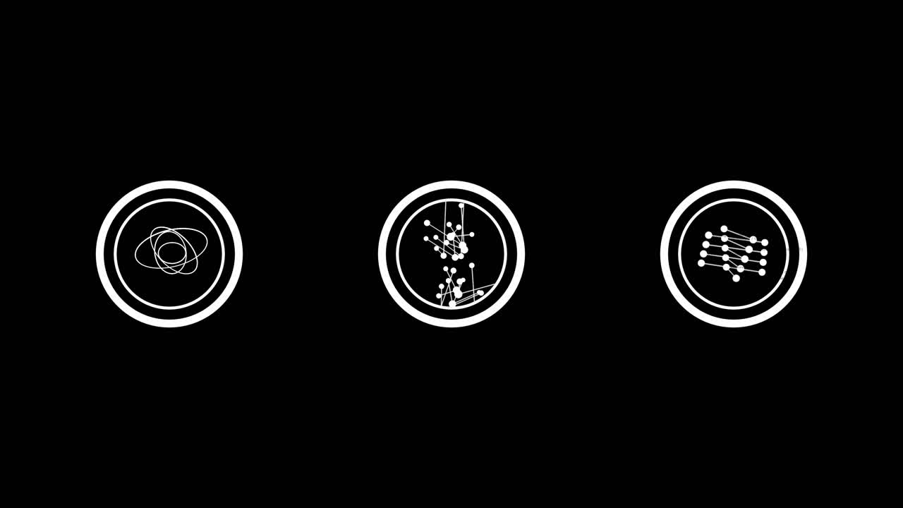 Set of three futuristic white icons: an orbit tracker, a neural network node cluster, and a molecular chain. Ideal for biotech and AI research visuals