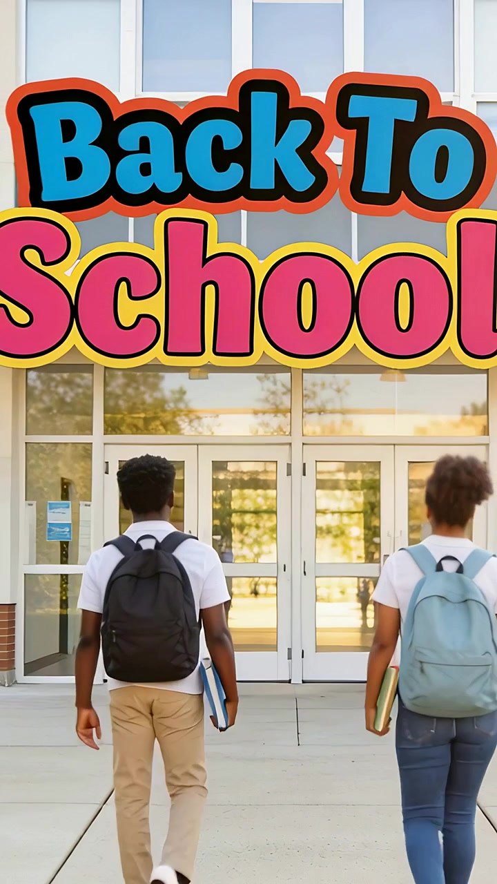 Vertical video: Back To School banner showing, two teens walking at school to doors with backpacks