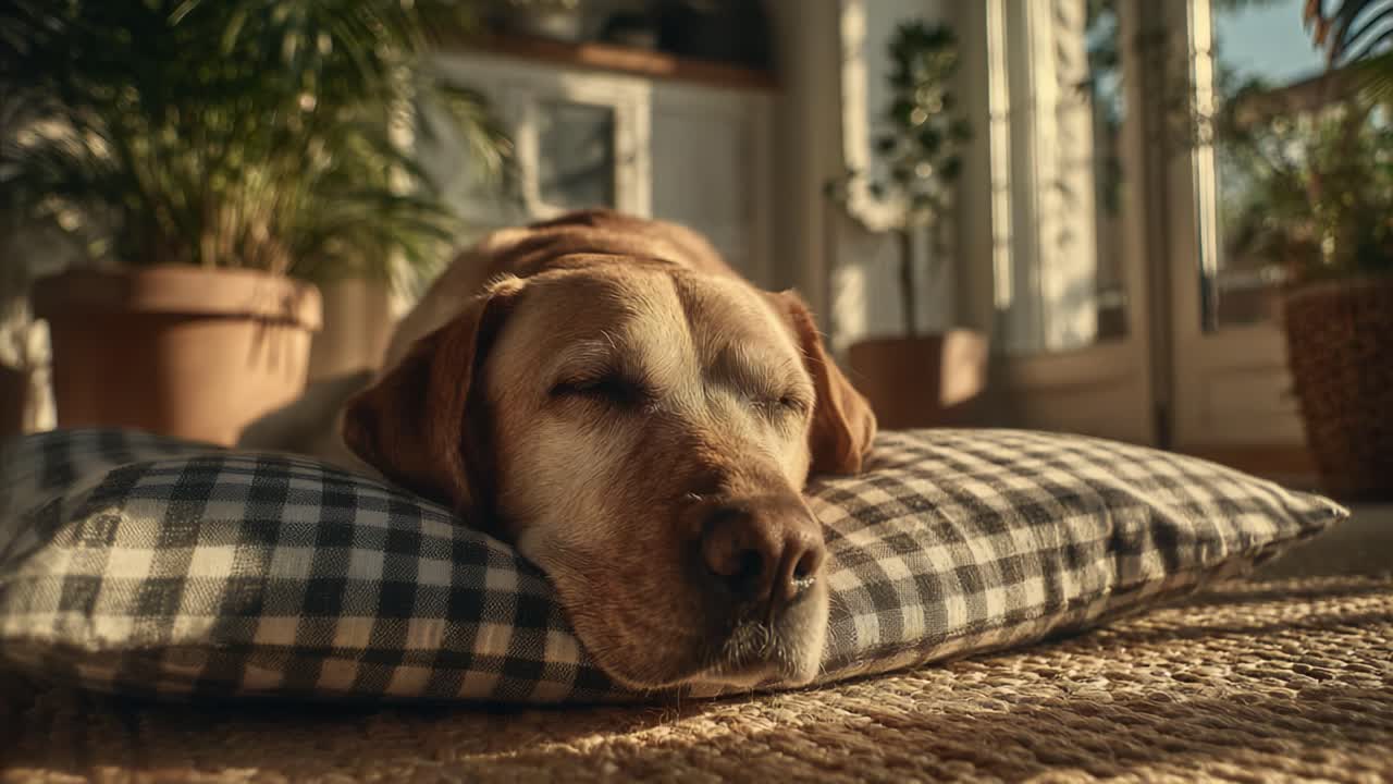 A Peaceful Labrador Retriever Enjoys a Cozy Nap on a Soft Checkered Pillow Surrounded by a Bright, Sunny Room with Indoor Plants