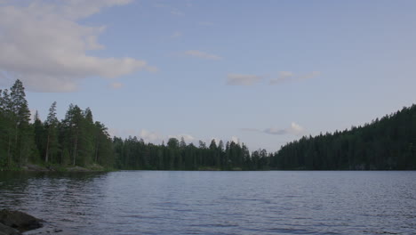 wide lake view bordered by dense green pine forest under soft blue evening sky with scattered clouds, calm water surface reflecting fading daylight in peaceful scandinavian wilderness landscape