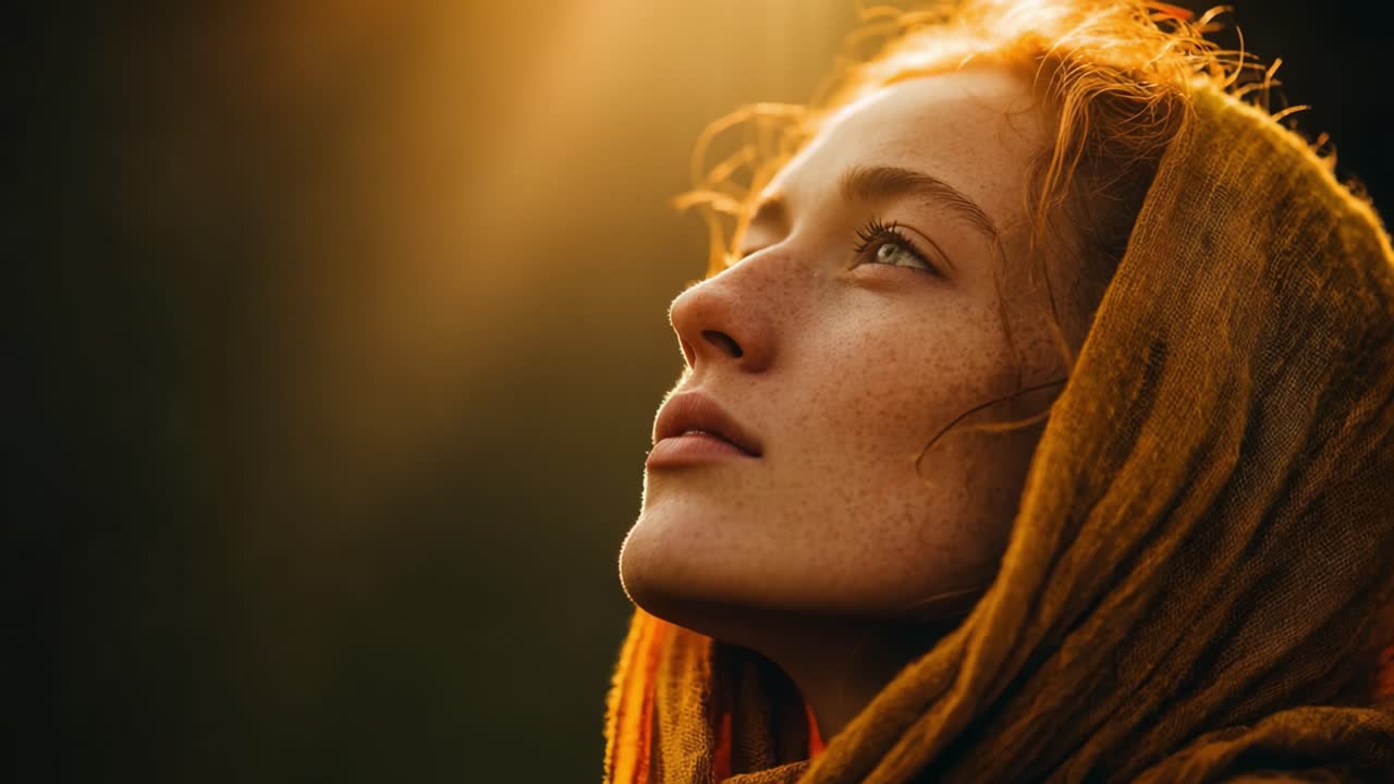 Una Giovane Donna con le Lentiggini Guarda in Alto, Illuminata da un Caldo Bagliore al Tramonto, Avvolta in una Morbida Sciarpa Marrone-Giallastro, Evocando un Senso di Speranza e Serenità.