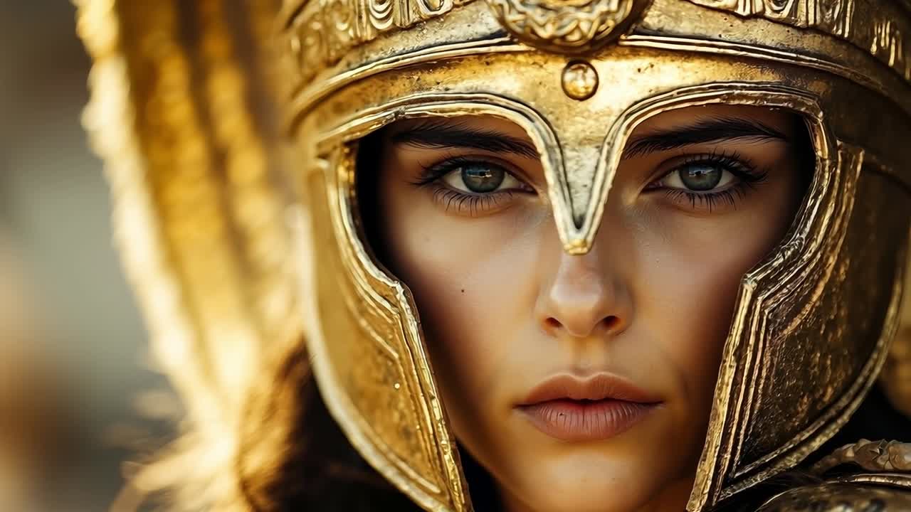 머리에 왕관을 쓴 황금 헬을 입은 여자