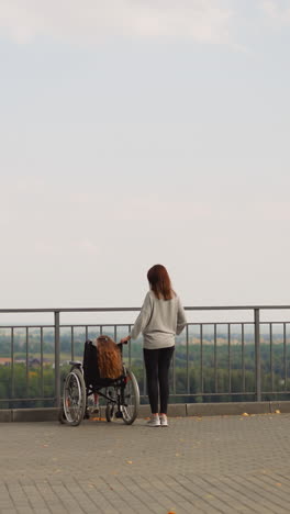 mother shows river and park to daughter with cerebral palsy on tour about city. woman stands near girl in wheelchair on sightseeing platform backside view