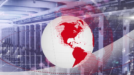 animation of computer language, lines and dots around rotating globe over server room in background