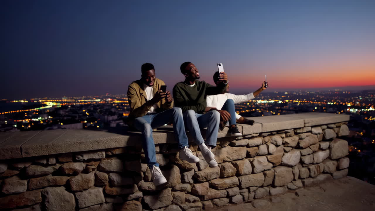 People enjoying a city night view while using their mobile phones