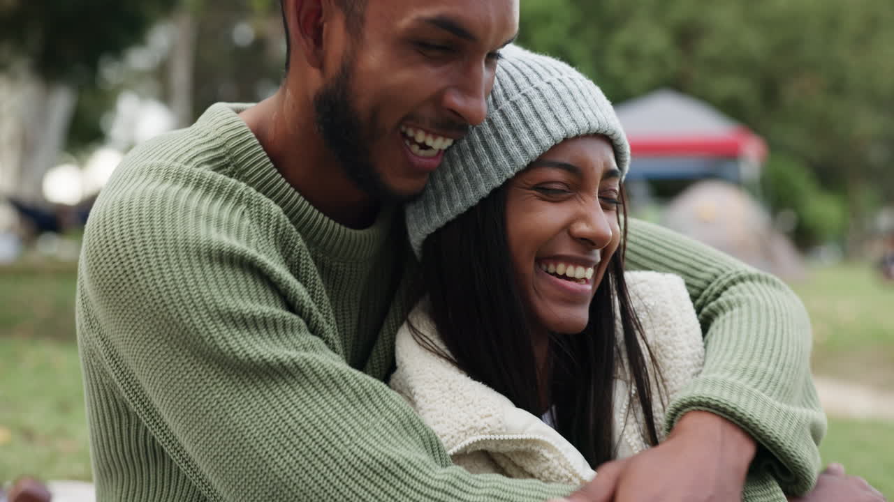 Love, romance or happy couple camping in nature