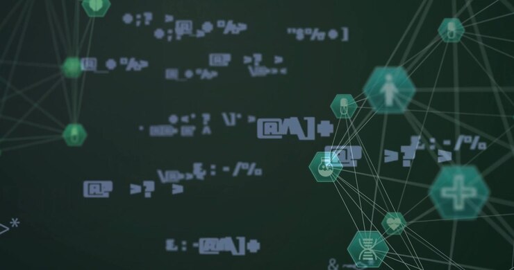 Animation of network of connections with icons and data processing over black background
