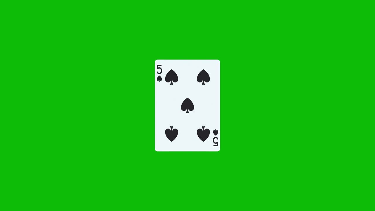 Una carta da poker, il cinque di picche, ruota e si rivela su uno schermo verde, animazione 3D. Puoi modificare la tempistica della clip per controllare l'effetto di rivelazione.