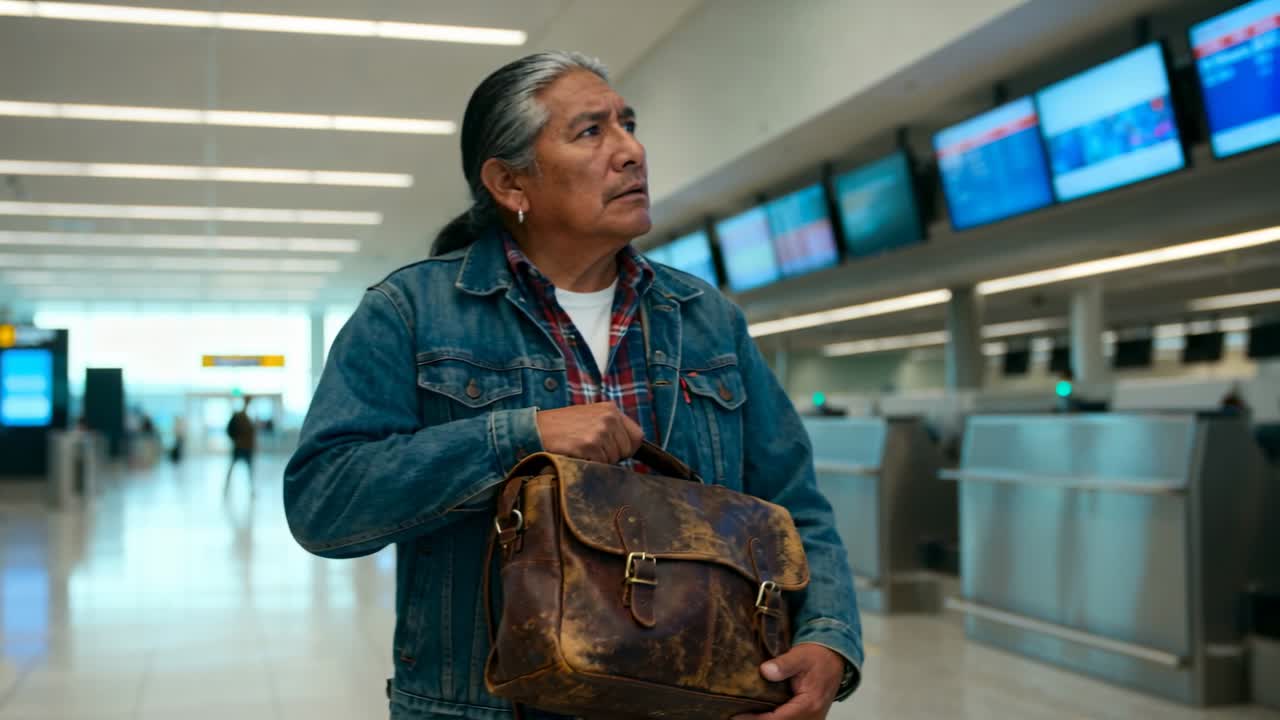 Zoom della telecamera, un anziano uomo indigeno solleva una borsa a tracolla e scruta i monitor per i voli all'aeroporto.