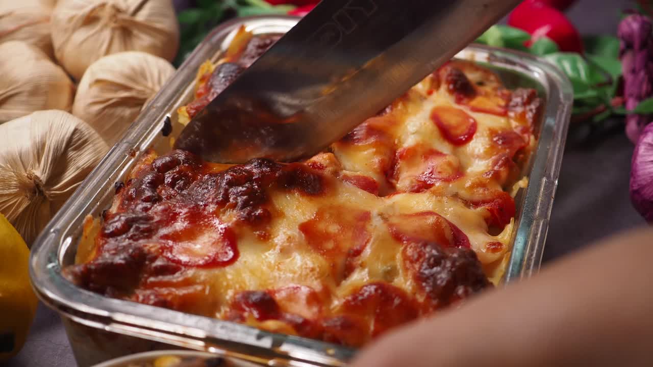 Tagliare una casseruola appena sfornata