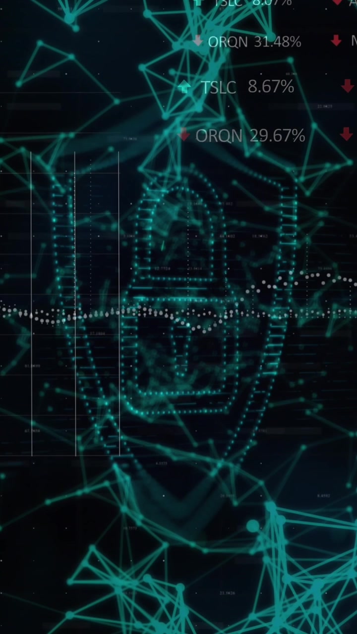 Security padlock shield icon over network of connections against stock market data processing