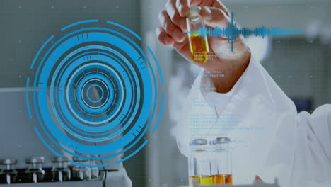 Animation of scientific data processing over caucasian male scientist in laboratory