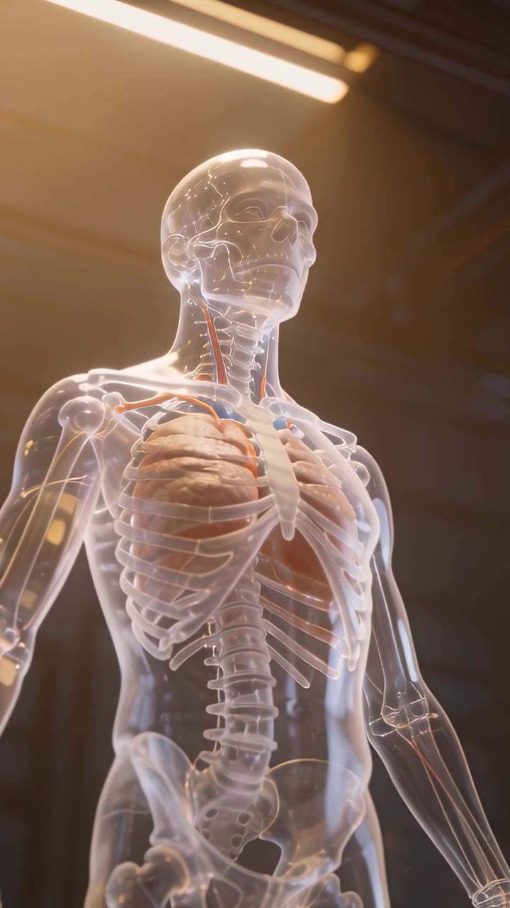 Video verticale: Telecamera che panoramica verso l'alto mostrando un modello anatomico trasparente in laboratorio, evidenziando il cranio.