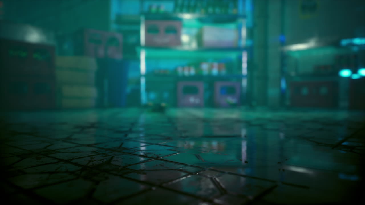 oscura y misteriosa habitación abandonada con el suelo mojado agrietado