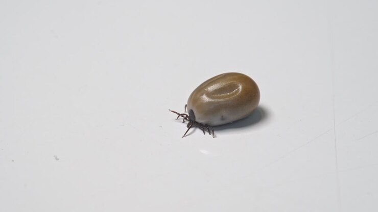 Zecca adulta gonfia di sangue striscia lentamente su una superficie bianca
