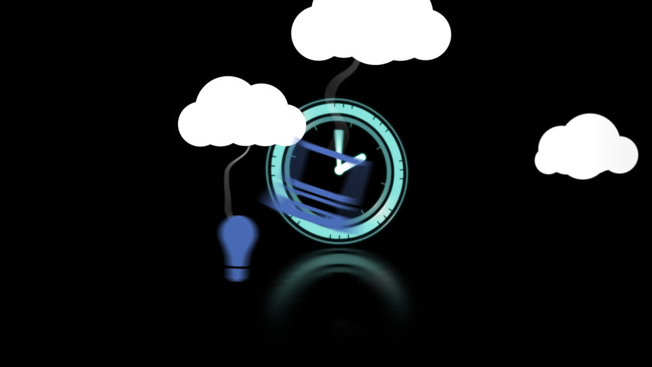 Animation of white clouds with hanging blue media icons and clock with moving hands, on black