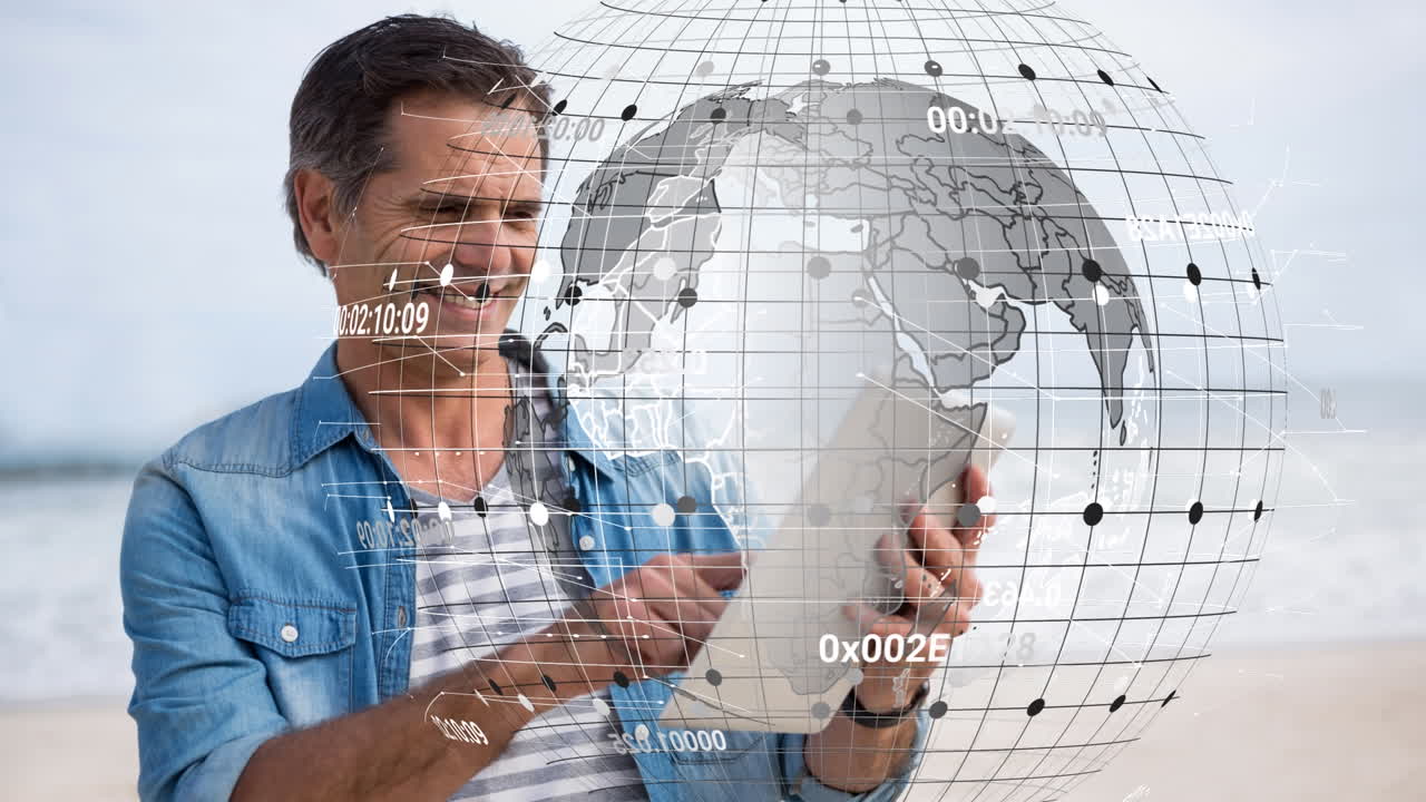 Multiple changing numbers over spinning globe against caucasian senior man using digital tablet