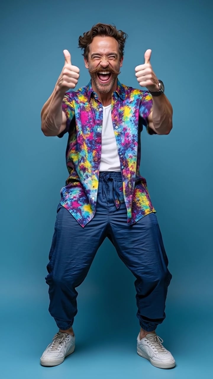 Uomo di mezza età entusiasta che mostra due pollici in su con una camicia colorata su sfondo blu