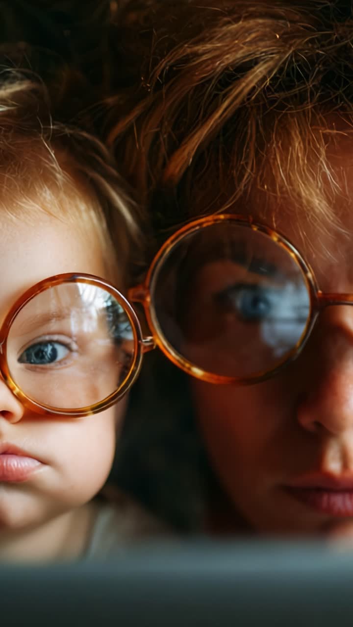 Un momento toccante: madre e figlio si godono la reciproca compagnia, entrambi con occhiali oversize mentre sono assorbiti da un'esperienza condivisa sullo schermo