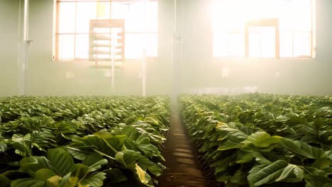 indoor farm with rows of green plants